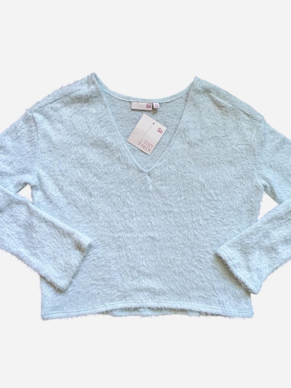 junior v neck baby blue eyelash pullover fuzzy soft top sweater - Picture 2 of 5